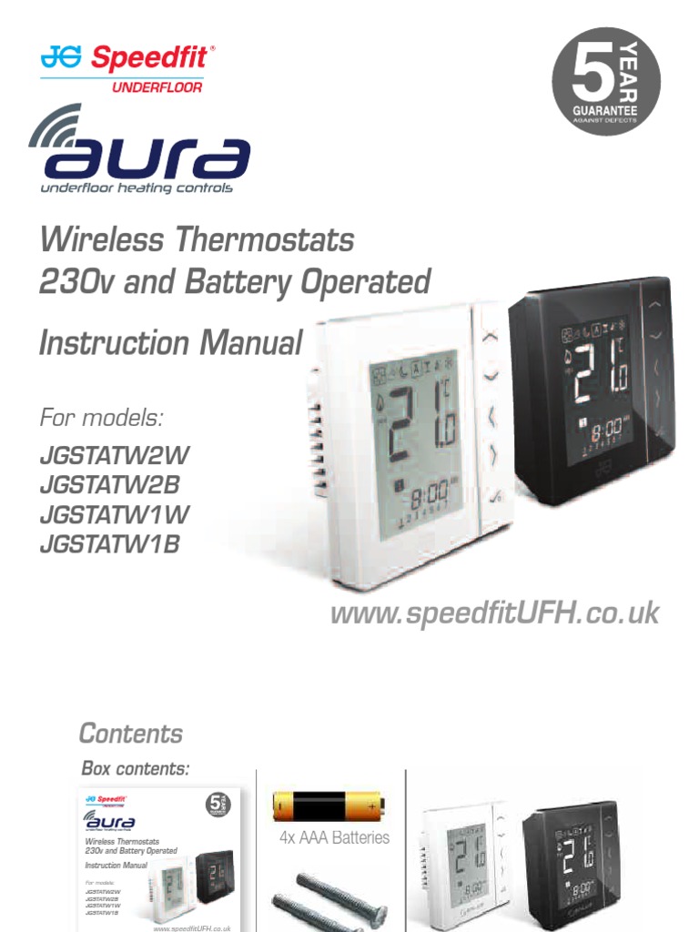 JG Aura Wireless Stat Manual Z2105 425 1114WEB | PDF | Thermostat | Water  Heating