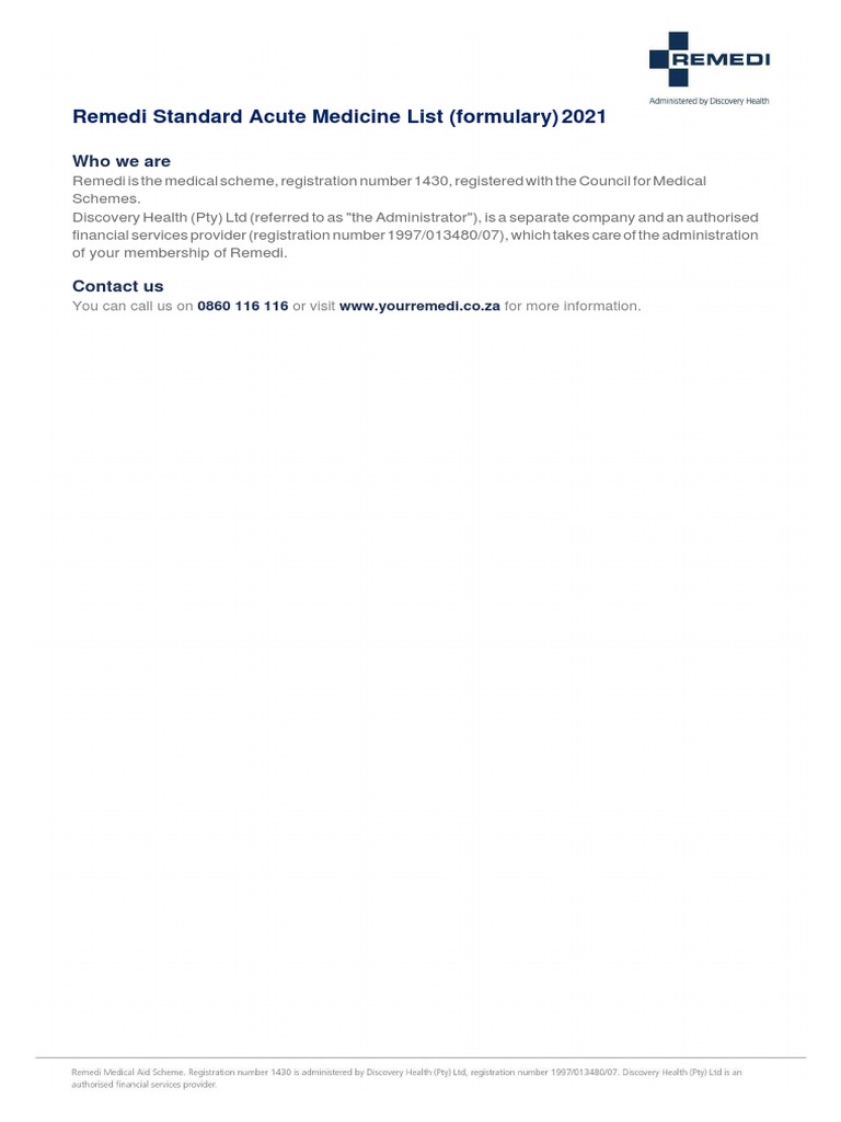 Remedi Standard Acute Medicine List (Formulary) 2021: Who We Are | PDF ...