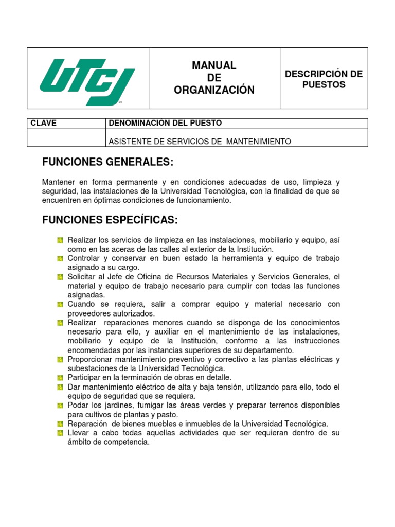 Descripción del Puesto: Asistente Mantenimiento | PDF | Toma de ...