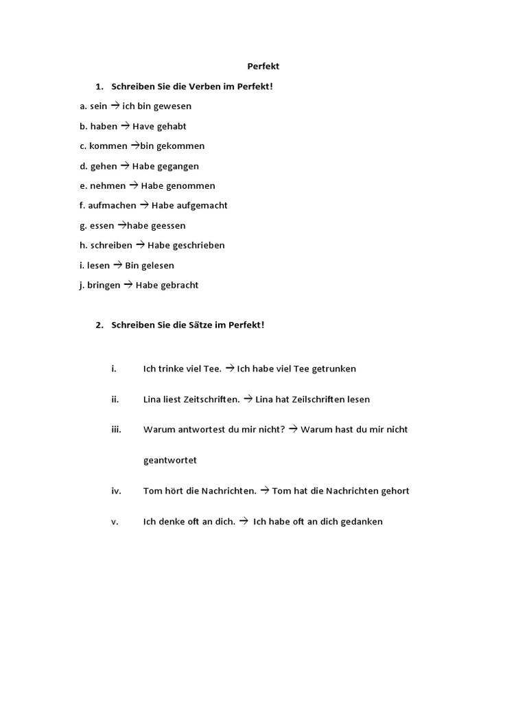 Perfekt 1. Schreiben Sie Die Verben Im Perfekt! | PDF