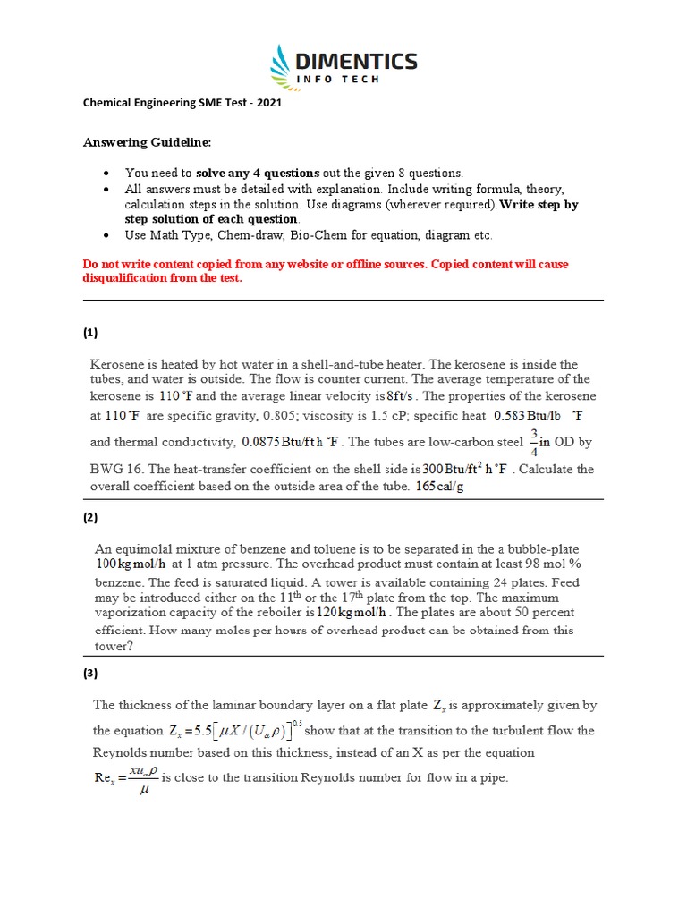 Chemical Engieering SME Test - 2021 - NEW One | PDF