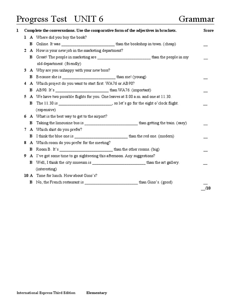 Progress Test Unit 6 Overview | PDF