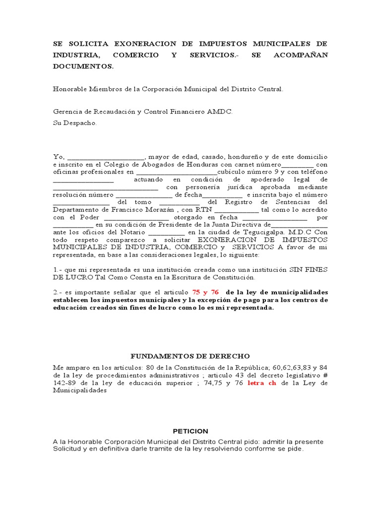 Modelo - Solicitud - Exoneracion de Impuestos Municipales | PDF