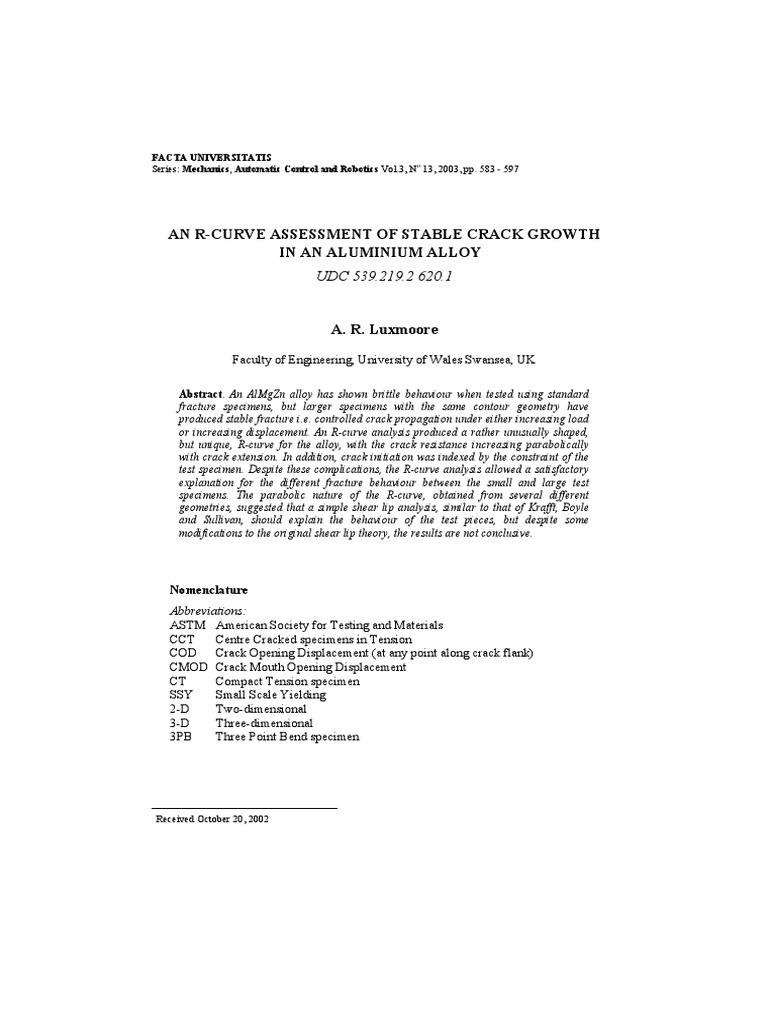 An R-Curve Assessment of Stable Crack Growth in An Aluminium Alloy ...