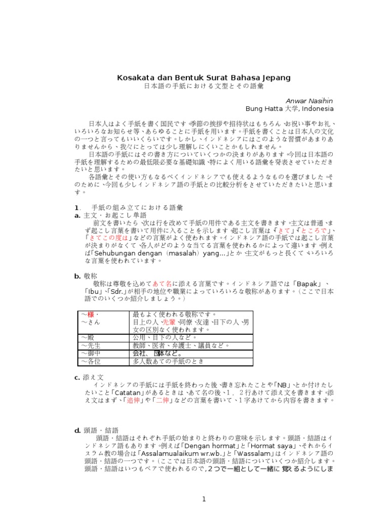 Bentuk Dan Kosakata Surat Bahasa Jepang