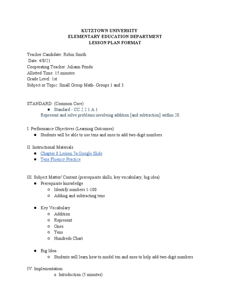 1st Grade Math Lesson Plan: Addition | PDF | Behavior Modification ...