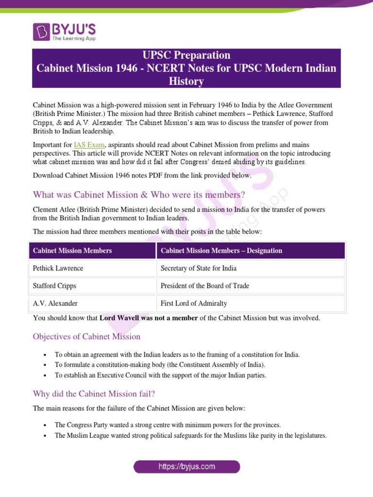 Cabinet Mission 1946 UPSC Notes | PDF | Partition Of India | South Asia