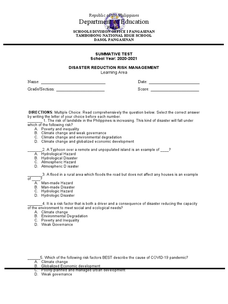 DRRM Module 1 Summative Test | PDF | Hazards | Natural Disasters