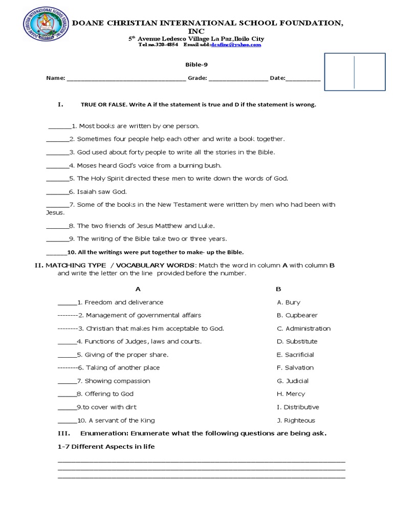 Doane Christian International School Foundation, INC Bible9 PDF