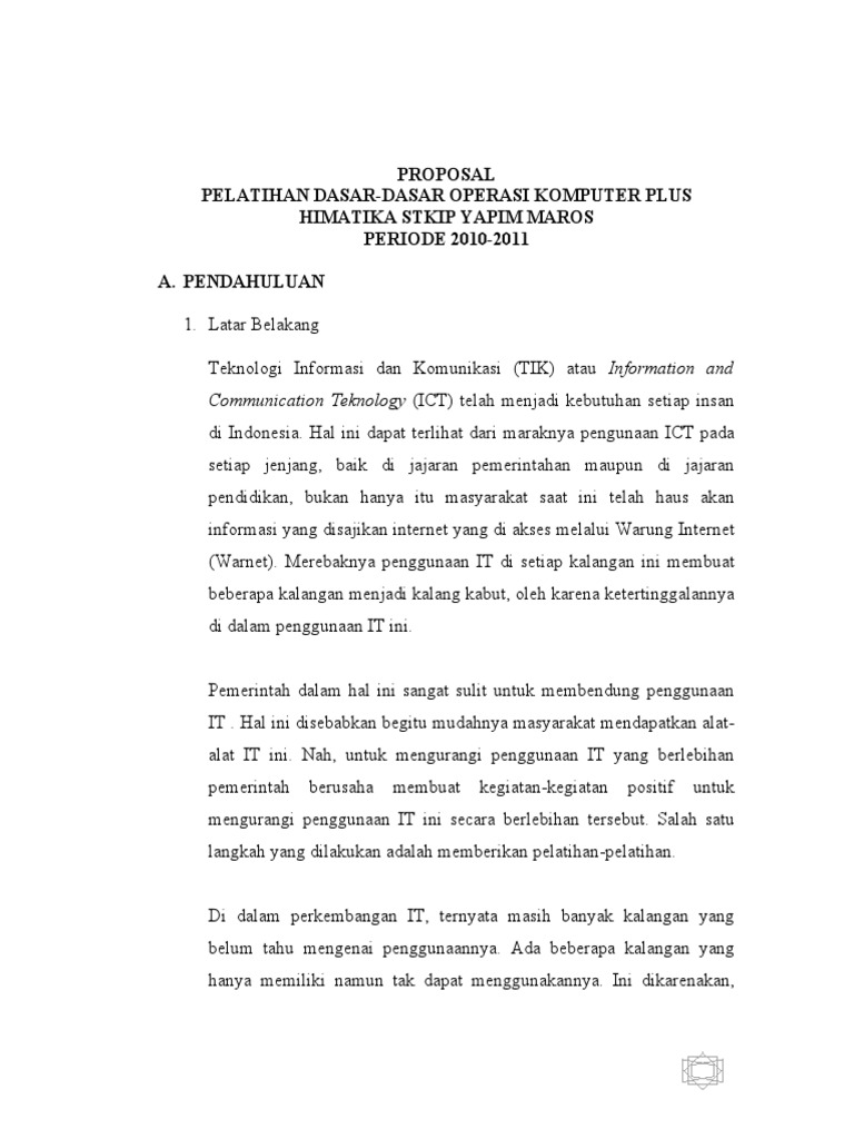 Proposal Pelatihan Dasar-Dasar Komputer HIMATIKA2010 | PDF | Komputer
