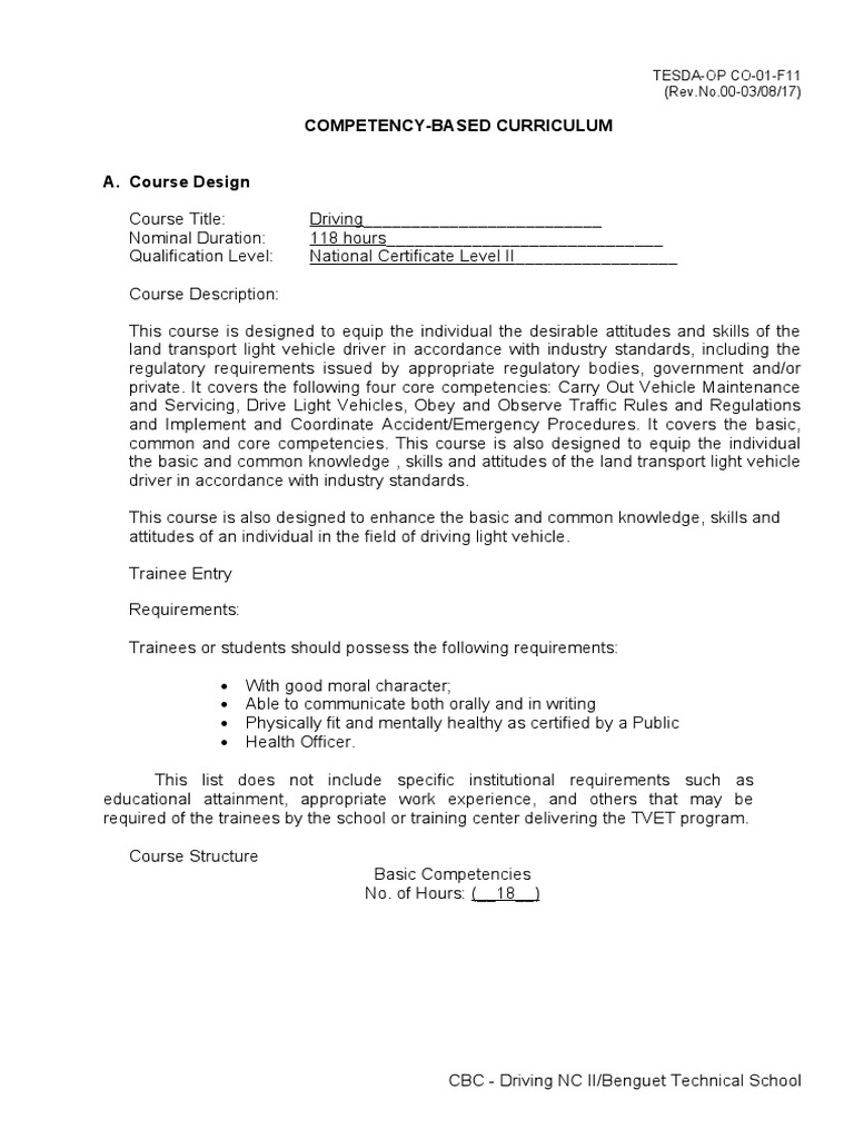 CBC-Driving NC II Old | PDF | Occupational Safety And Health ...