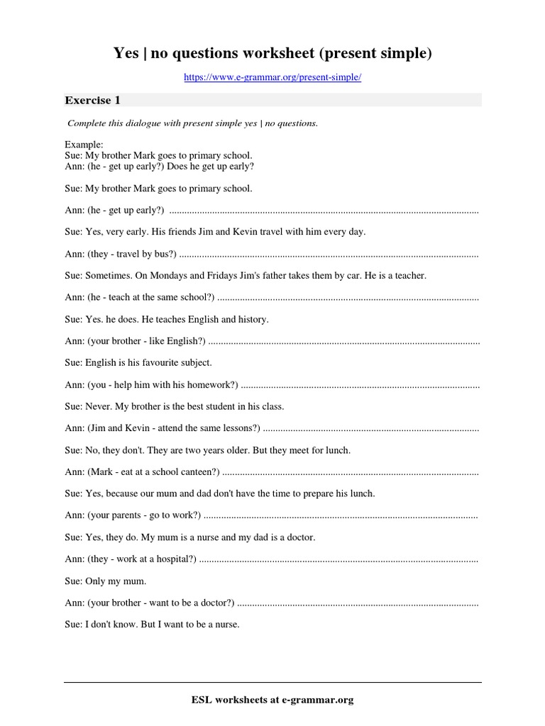 Present Simple Yes/No Questions Worksheet | PDF | Worksheet
