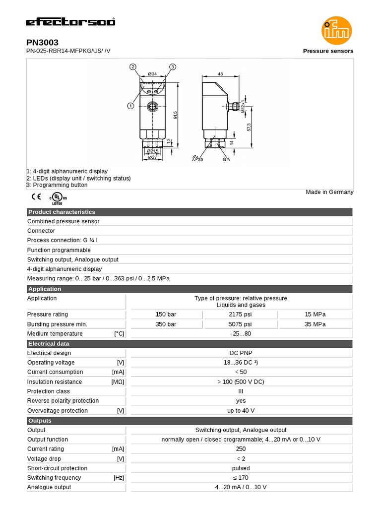 Product Characteristics Pressure Sensors PDF Switch Electrical