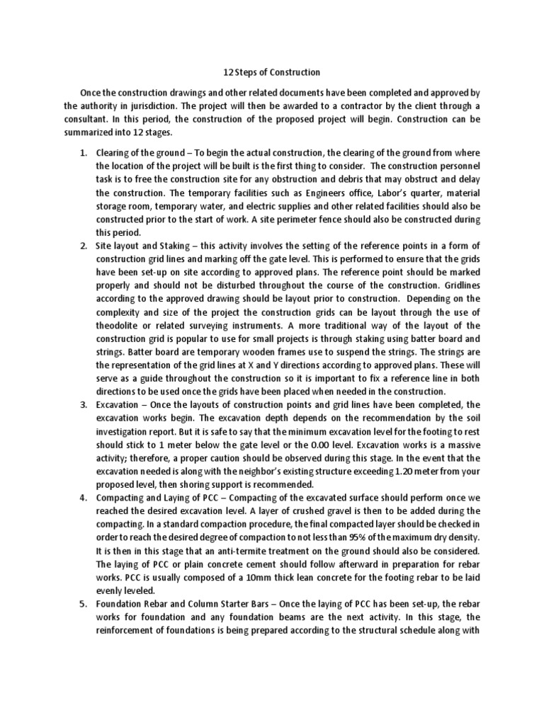12 Steps Construction Process Pdf Concrete Foundation Engineering