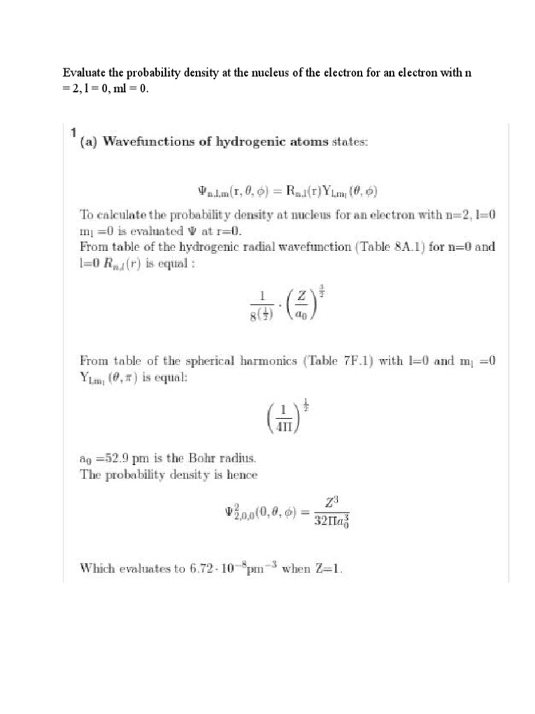 Evaluate The Probability Density at The Nucleus of The Electron For An ...