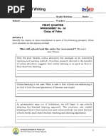 Reading and Writing: First Quarter Worksheet No. 16 Claim of Value