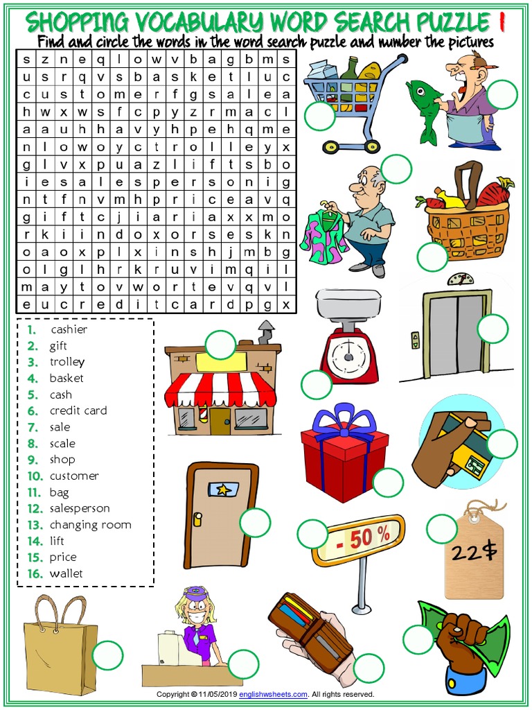 Shopping Vocabulary Esl Word Search Puzzle Worksheets For Kids | PDF