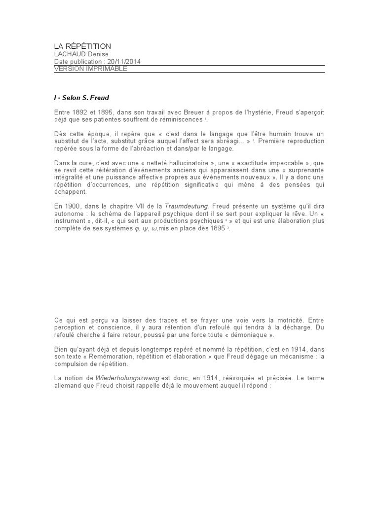 Compulsion de Répétition selon Freud | PDF | Sigmund Freud | Jacques Lacan