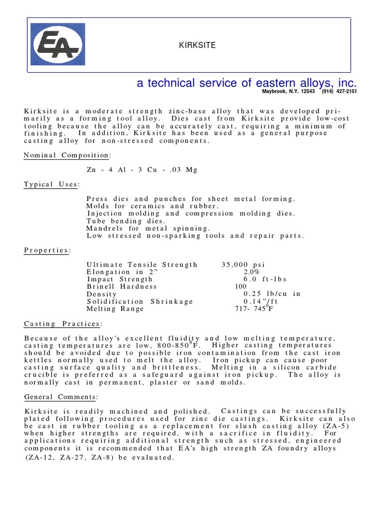 A Technical Service of Eastern Alloys, Inc. Kirksite PDF Casting (Metalworking) Alloy