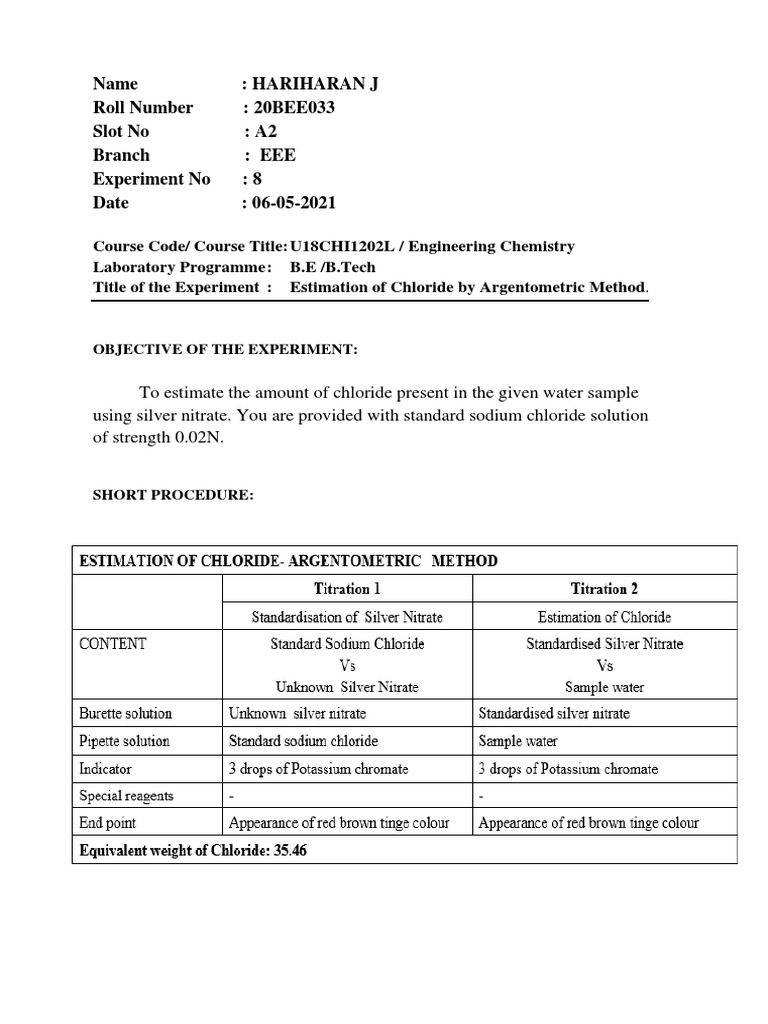 Chloride Estimation by Argentometric Method | PDF | Titration | Chemistry