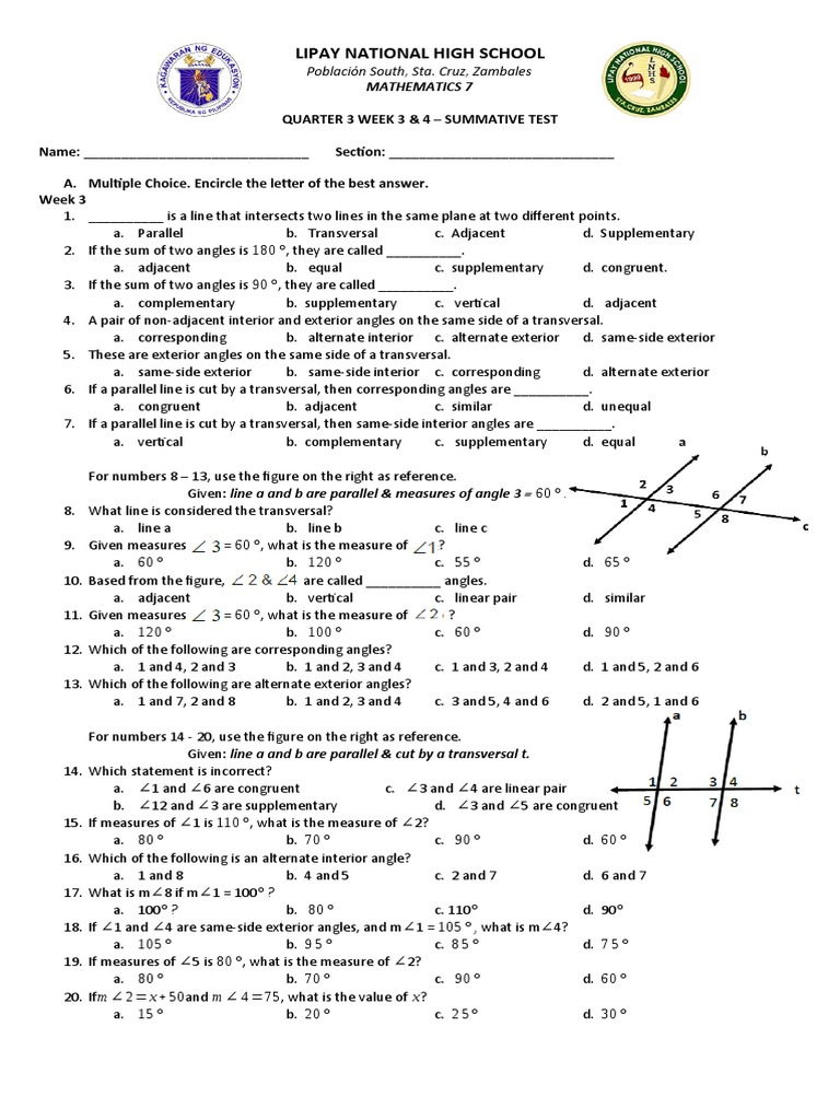 Grade 7 Math Summative Test Weeks 3-4 | PDF | Angle | Geometry