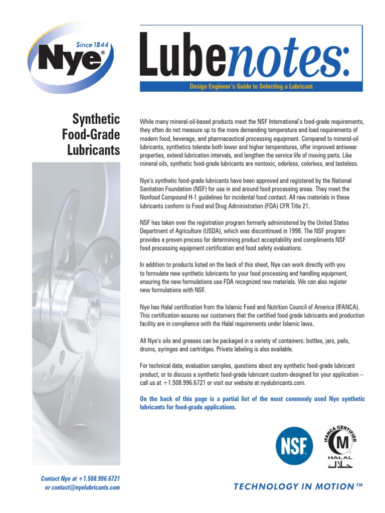 Synthetic Food Grade Lubricants Nye Lubricants PDF Lubricant