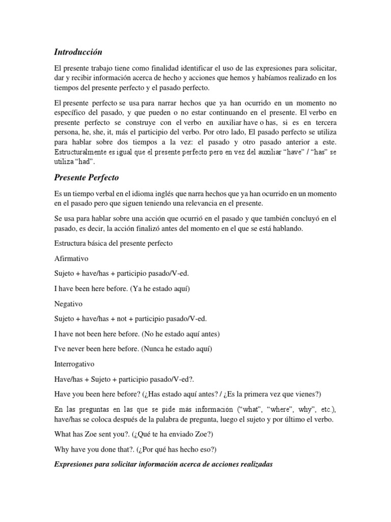 Uso del Presente y Pasado Perfecto | PDF | Verbo | Asunto (gramática)
