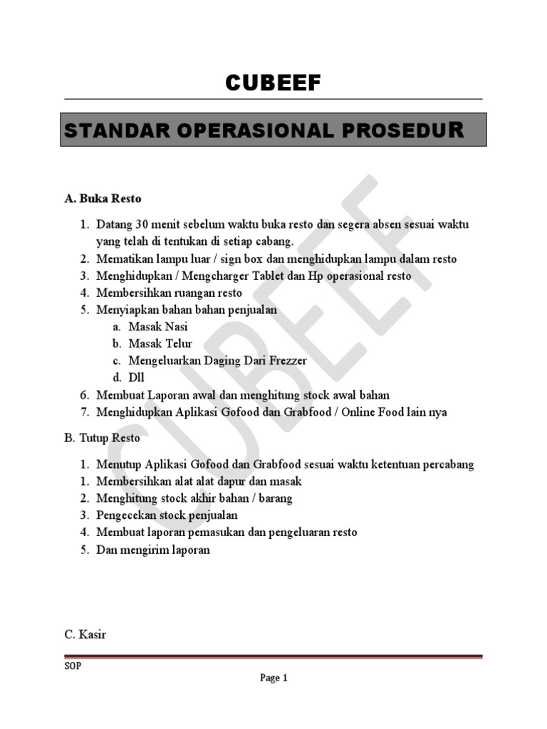 SOP Operasional Restoran Cubeef | PDF