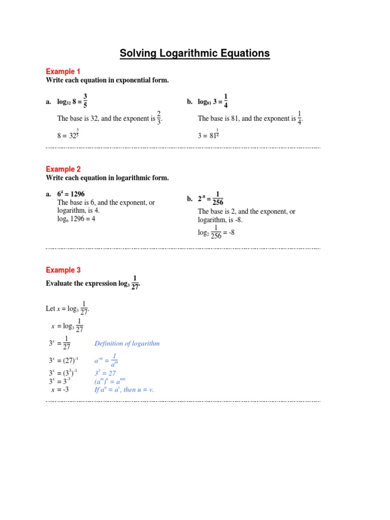 Solving Logarithmic Equations Guide | PDF | Logarithm | Exponentiation