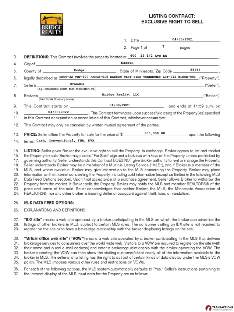 Listing Contract Exclusive Right To Sell 1. Date PDF Real Estate