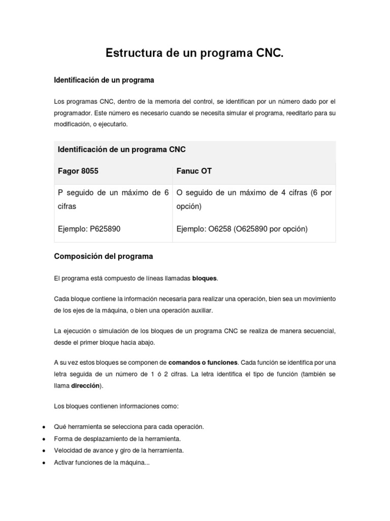 Estructura y Ejemplo de Programa CNC | PDF | Control numerico | Industrias