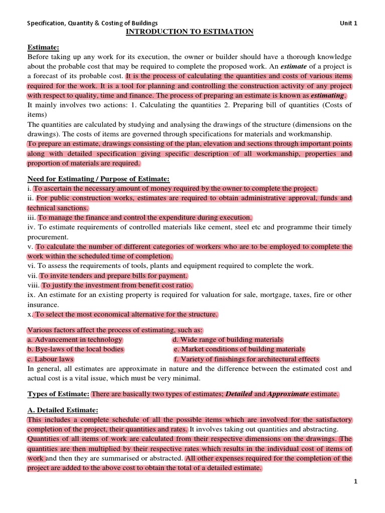 Estimation Methods in Civil Engineering | PDF | Specification ...