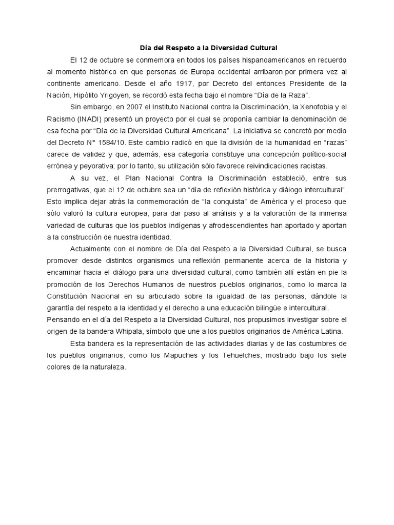 Día del Respeto a la Diversidad Cultural | PDF | Racismo ...