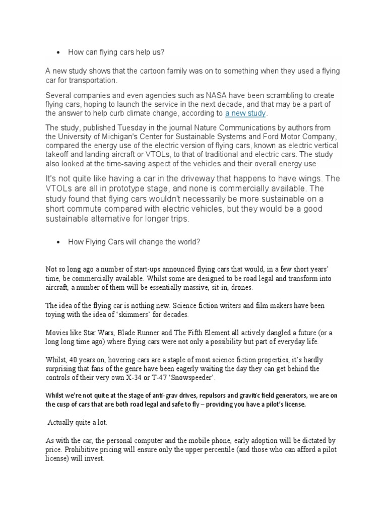 How Can Flying Cars Help Us PDF Fixed Wing Aircraft Rotorcraft