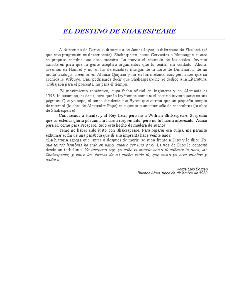 La Dualidad de Shakespeare en Borges | PDF | Clásicos | Ficción general