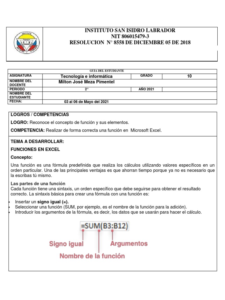 Funciones en Excel para Estudiantes 10° | PDF | Microsoft Excel ...