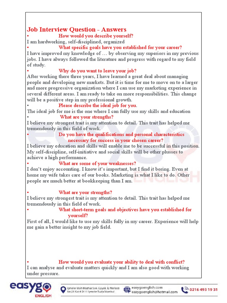 Job Interview Question Answers PDF Job Interview Body Language