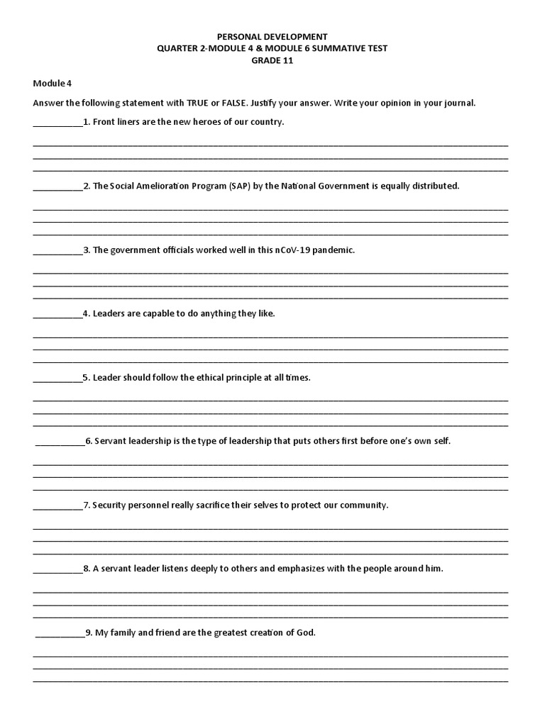 Personal Development Quarter 2-Module 4 & Module 6 Summative Test Grade ...