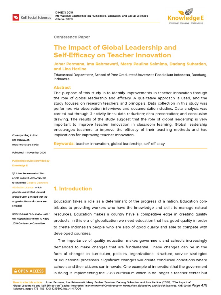The Impact of Global Leadership and Self-Efficacy On Teacher Innovation ...