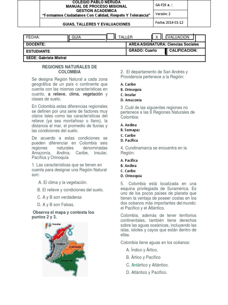 Taller sobre Regiones Naturales de Colombia | PDF | Colombia | océano ...