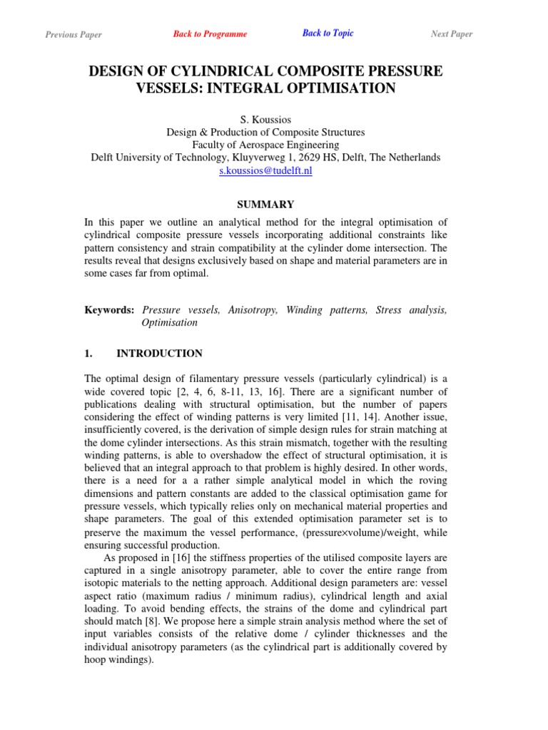 Design of Cylindrical Composite Pressure Vessels Integral Optimisation ...