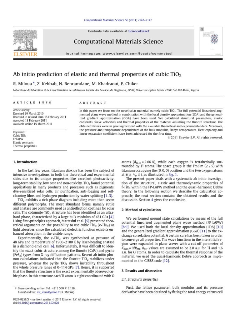 Ab Initio Prediction of Elastic and Thermal Properties of Cubic TiO2 ...