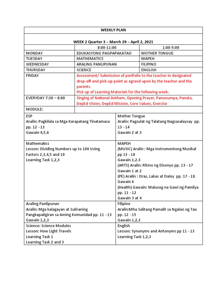 Weekly Plan WEEK 2 Quarter 3 - March 29 - April 2, 2021 | PDF | Human ...