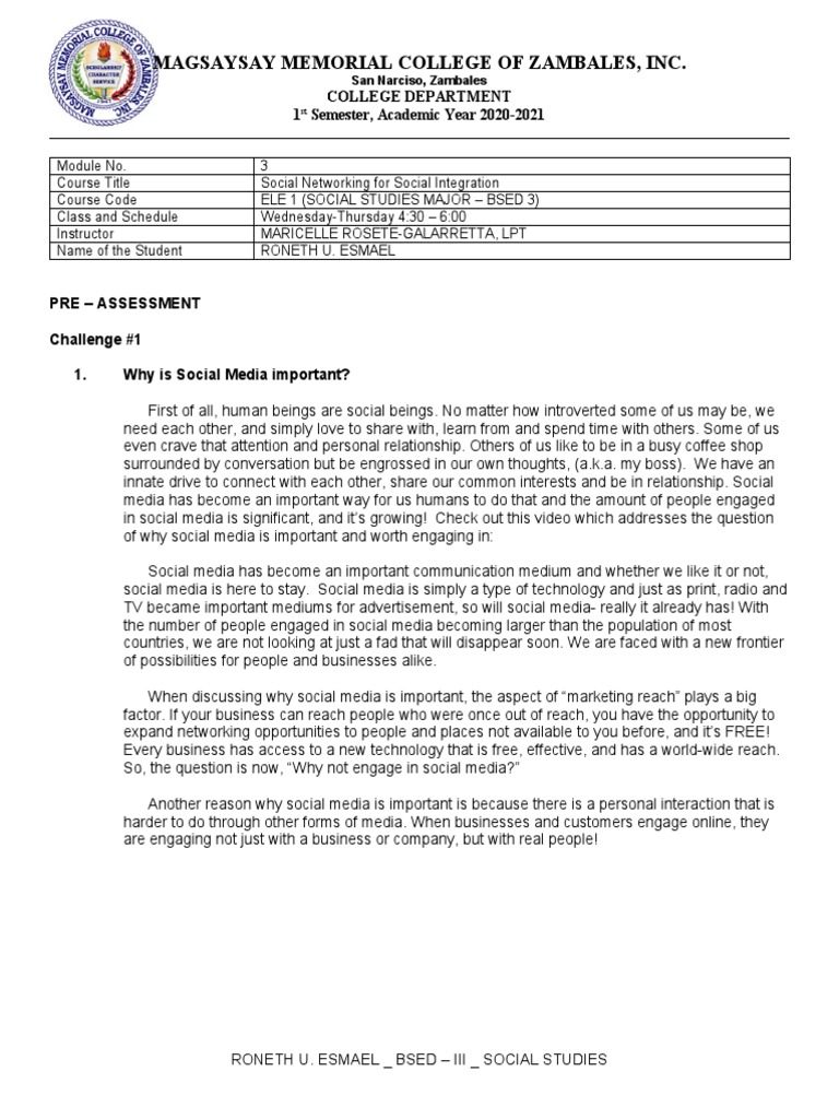 ELE 1 MODULE NO. 3 Answersheet | PDF | Social Media | Popular Culture ...