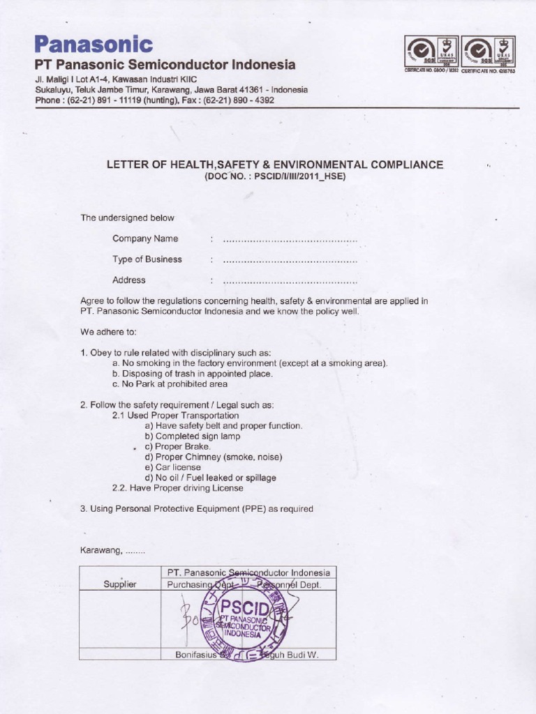 HSE Compliance Letter for Panasonic Indonesia | PDF