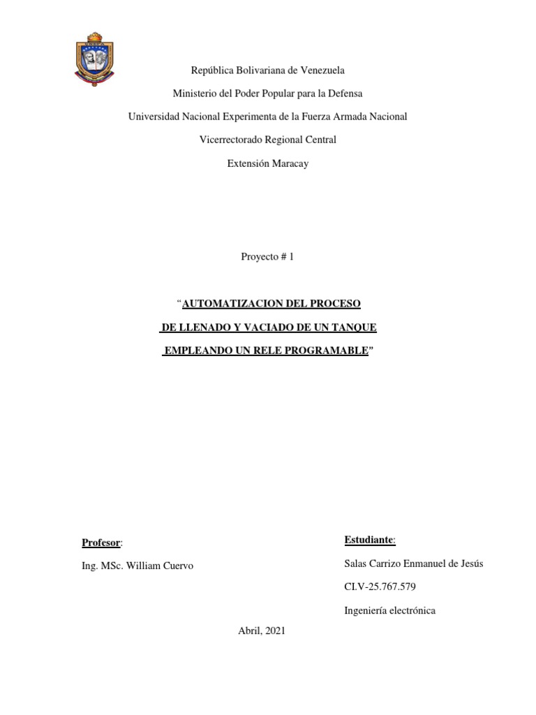 Proyecto 1 Vaciado Y Llenado De Tanque Pdf Controlador Lógico
