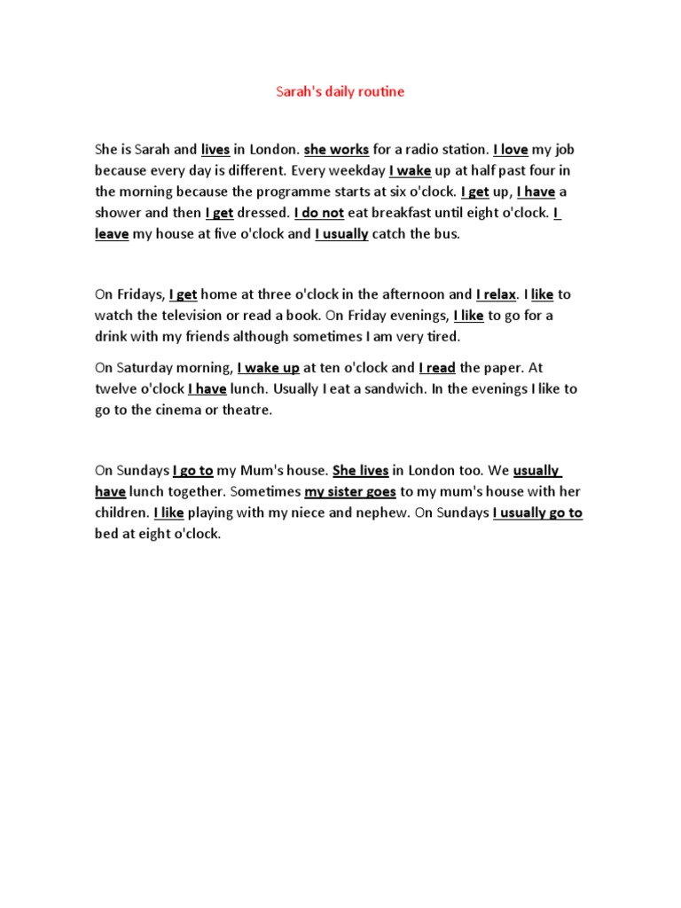 Sarah's Daily Routine Actividad 2 | PDF