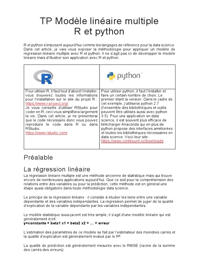 Régression Linéaire Multiple en R et Python | PDF | Régression linéaire ...