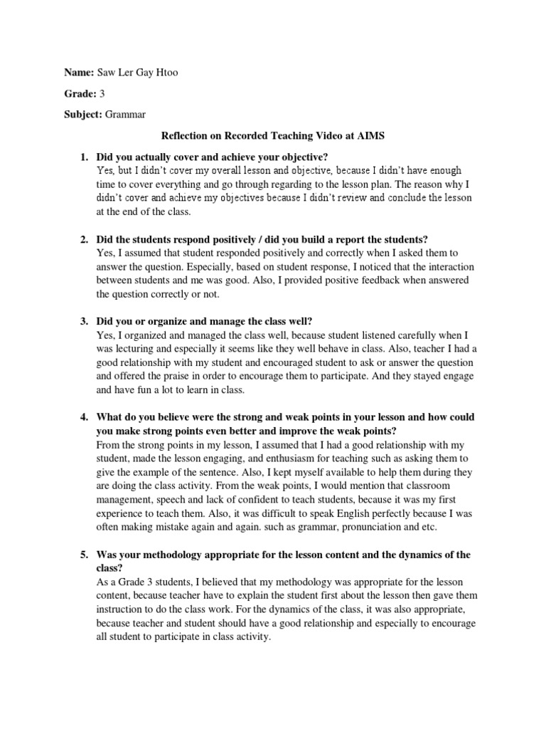 Grade 3 Grammar Teaching Reflection | PDF | Question | Teachers