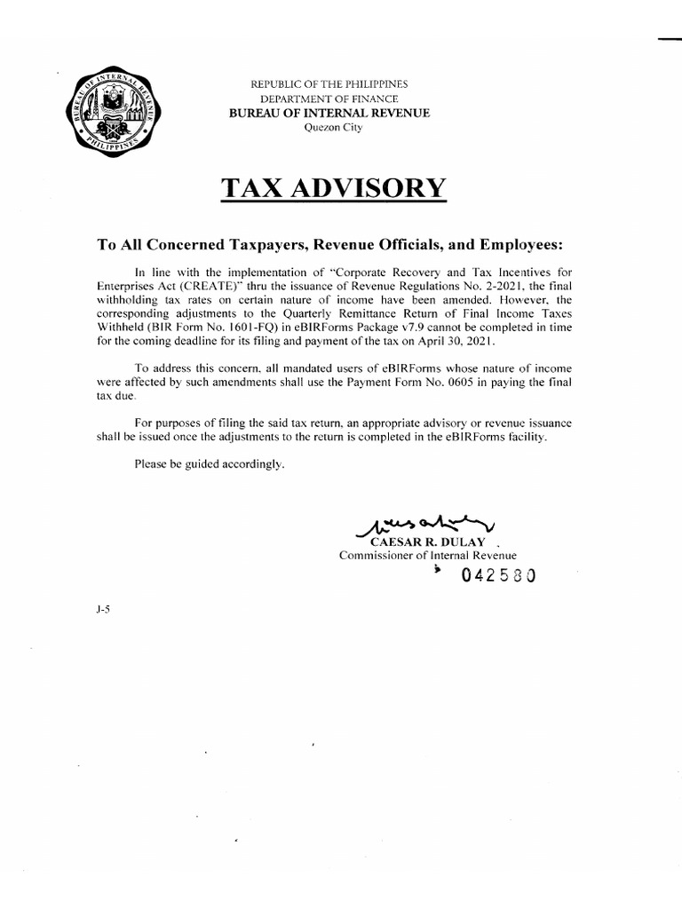 BIR Advisory - FWT Rates On Certain Income (04.30.2021) | PDF